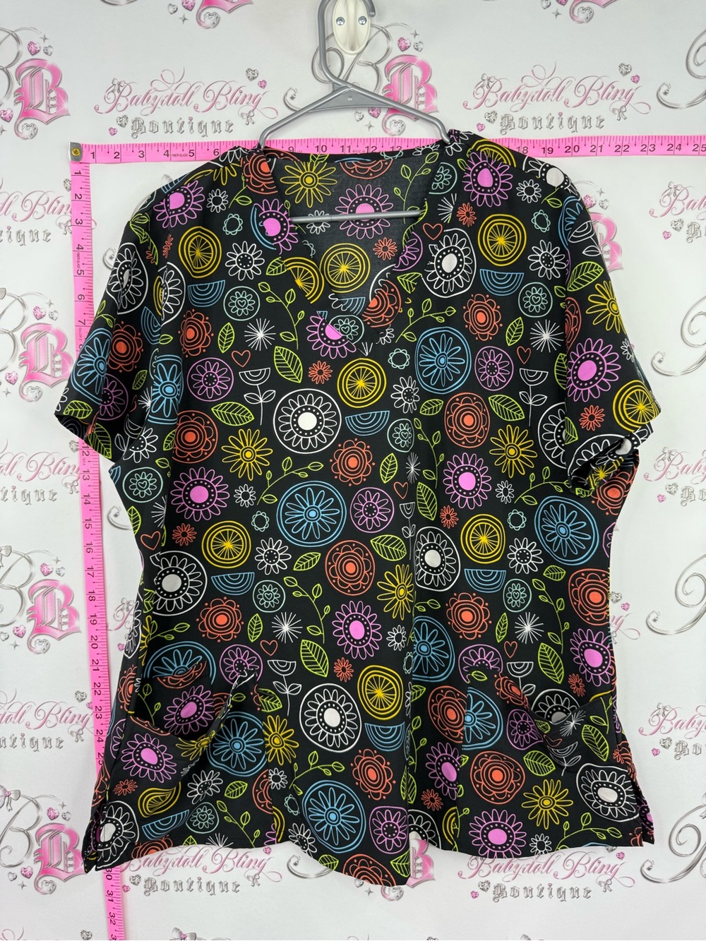 Scrub top floral color block line work Women's Black Floral Print V-Neck Top